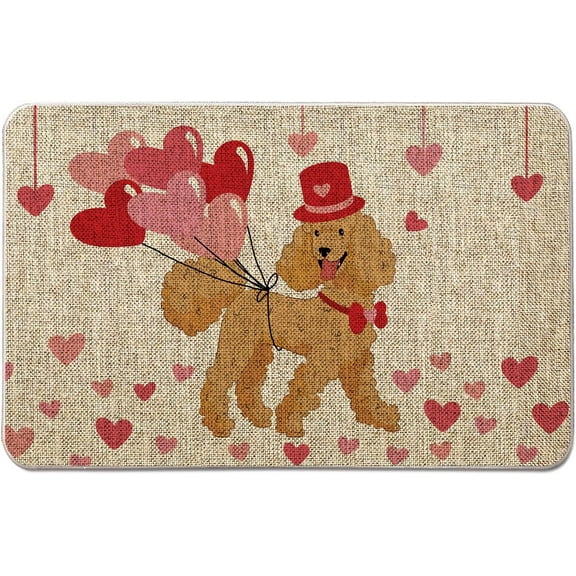 Doormat Valentines Day Door Mat Poodle Dog Welcome Doormat Love Hearts Farmhouse Entrance Rug Anniversary Wedding Home Kitchen Floor Front Mats 17x30 inch for Dog Indoor Outdoor Decorations.
