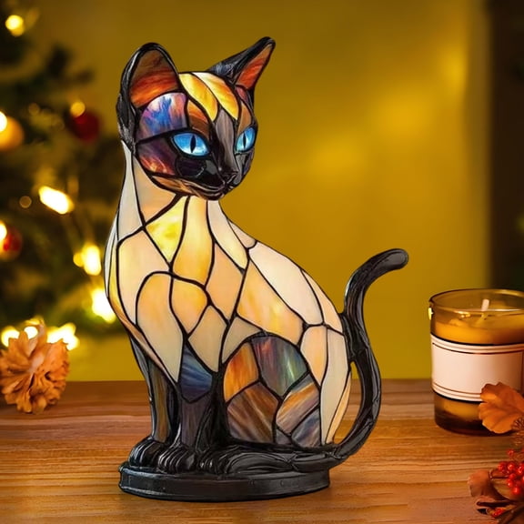 Elainilye Stained Glass Cat Lamp, Resin Table Lamp Night Light for Bedroom, Living Room, Desk, Home Decor, Gift for Cat Lovers & Kids Room