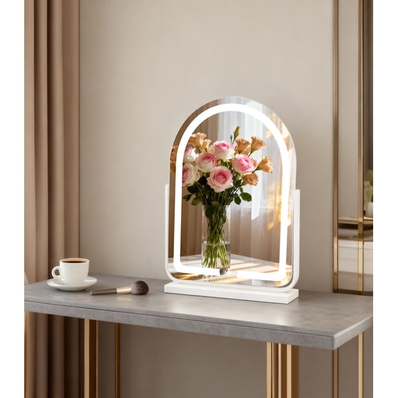 Hollywood Makeup Mirror 3-Color Dimmable LED Lights Vanity Mirror Wide Arch Design, USB Powered Bedroom Dressing Table(White; Large-44*32cm)