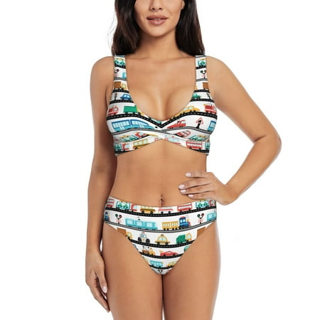 Zeuib Funny Transport High Waisted Tummy Control Bikini Set - Knot Front Push Up Top & Cheeky Thong Bottom  Two-Piece Swimsuit for Women-Small
