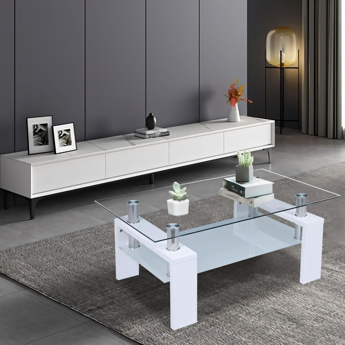 Rectangle Modern Coffee Table, 2 Tier Tempered Glass End Table, Living Room Table with Lower Shelf, Tea Table for Waiting Room, Reception Room, Office, White