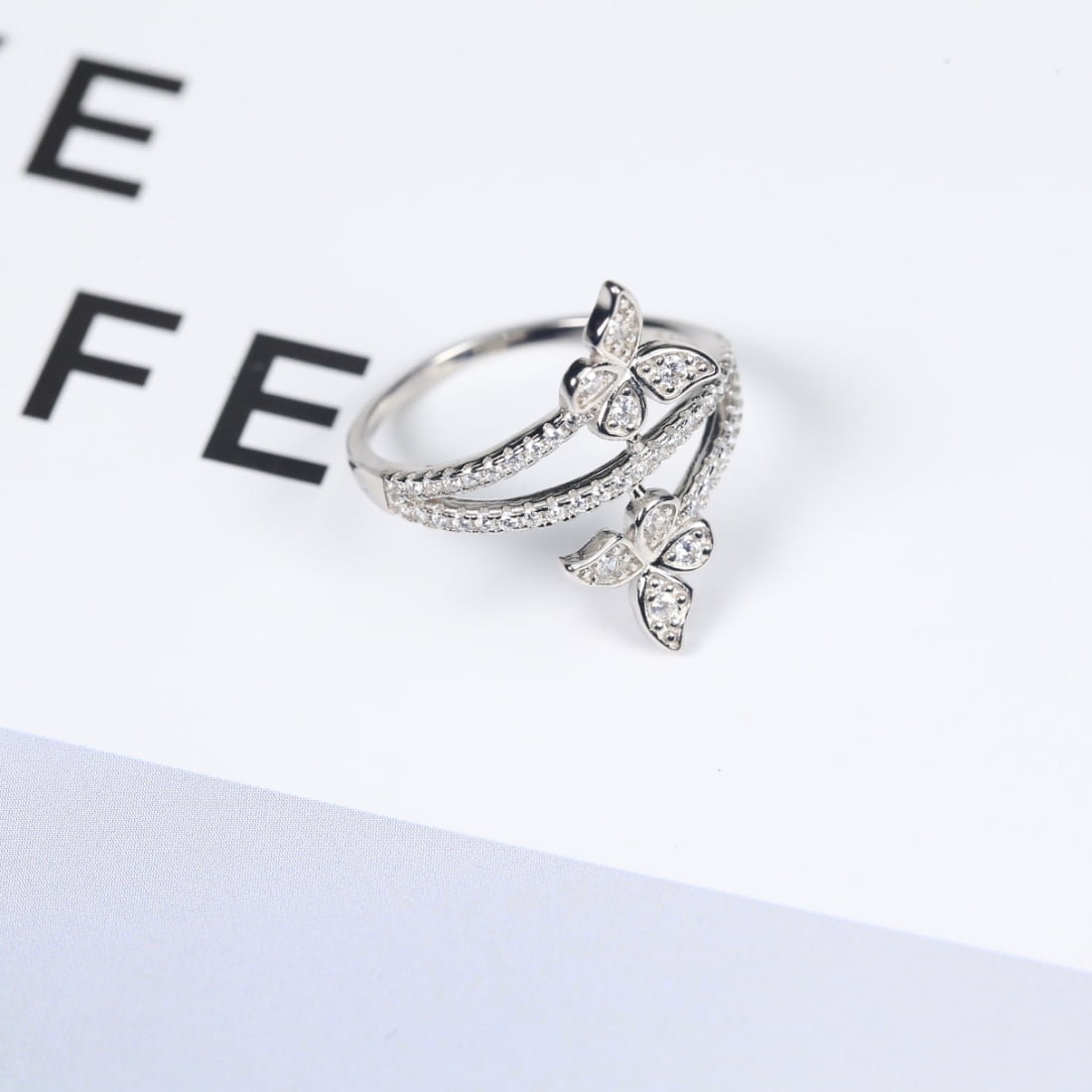 925 Sterling Silver Butterfly Ring for Women, Double Band Pavé Engagement Ring with Cubic Zirconia, Anniversary Wedding Jewelry with Drawer Style Box - Size 8
