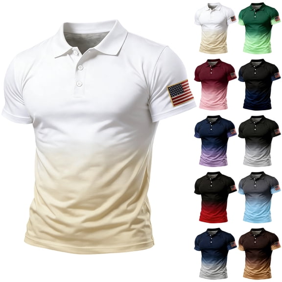 Men's US 250th Anniversary Gradient Polo Shirt with American Flag Patch and Short Sleeve Turn-Down Collar Featuring Quick Dry Fabric Black L
