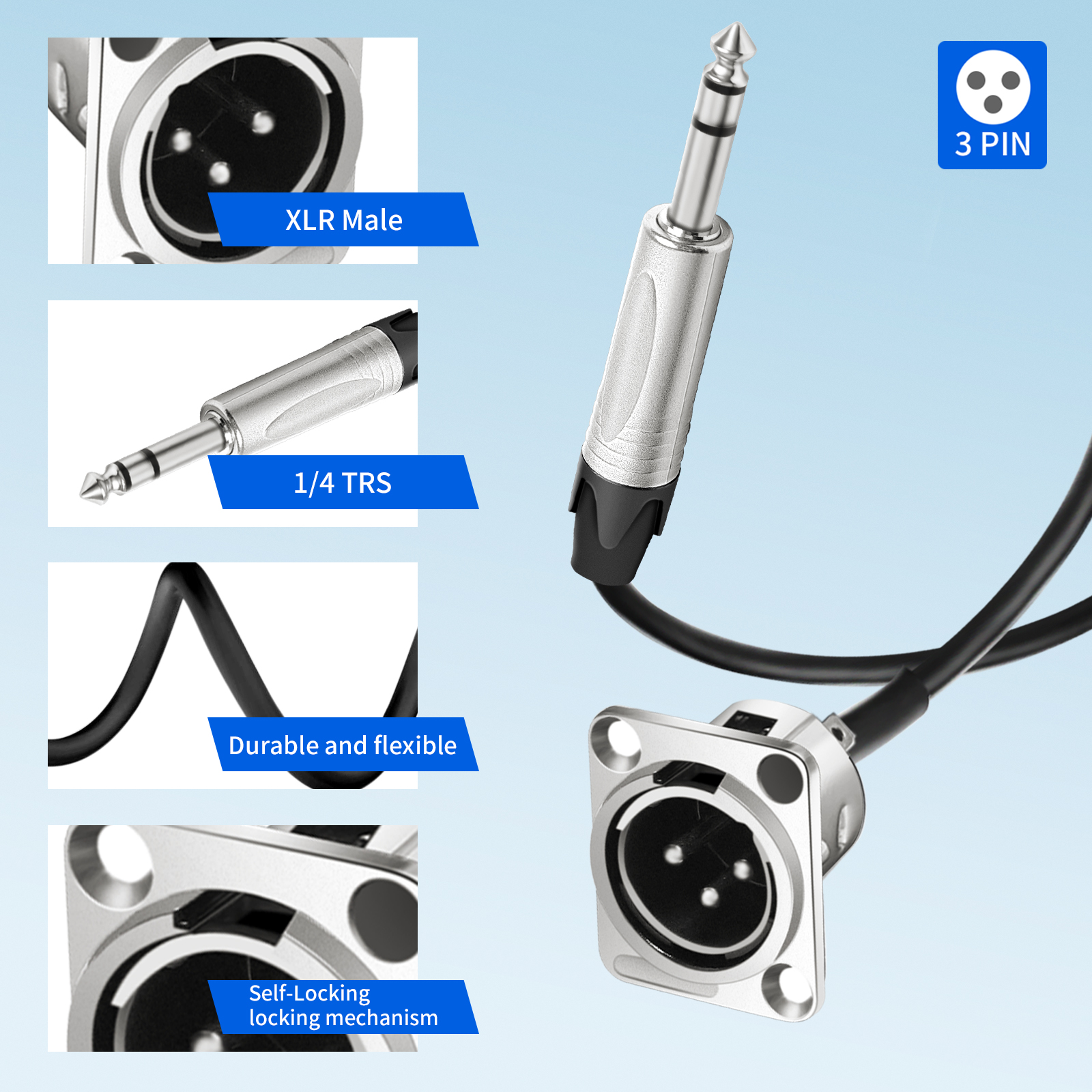 30cm XLR Pass Through Cable, No Solder, for Stage Box, Patch Panel, Floor Box - No Solder for Pro Audio Installations (XLR Male to 1/4" TRS Male 2-Pack)