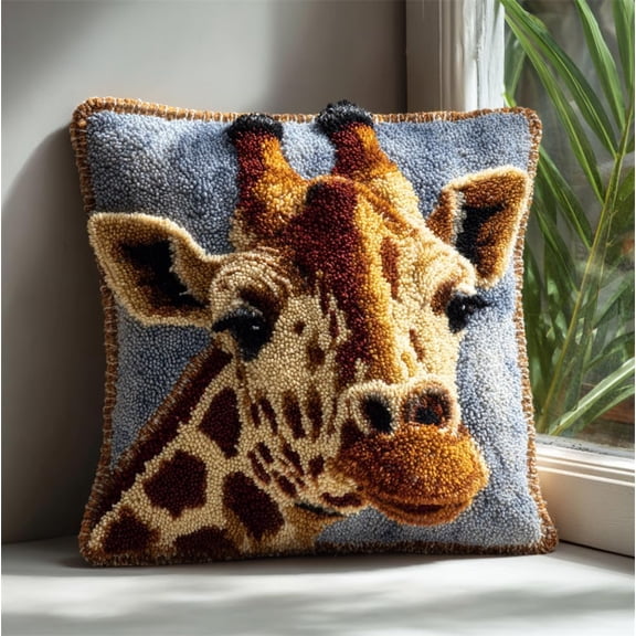 Latch Hook Pillow Case Kits,Giraffe 17X17Inch 3D DIY Latch Hook Cushion Cover Kit,Knitting Kits Cushion for Adults and Beginners Rug Making Kit for Starters