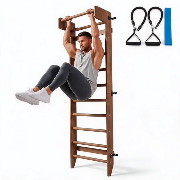 Heavy-Duty Solid Wood Swedish Ladder – Wall-Mounted Gym System with Pull-Up Bar, Exercise Bands & Training Ropes