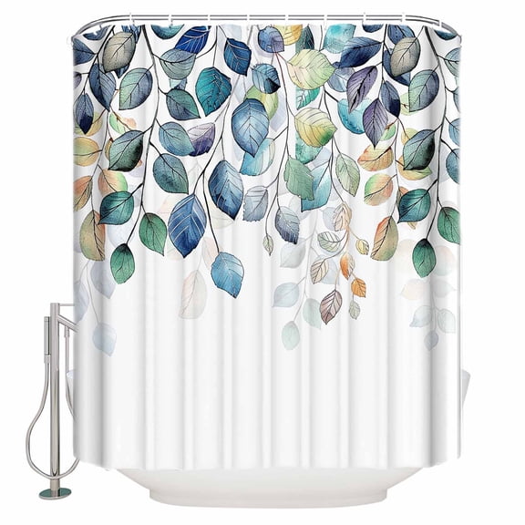 Fabric Shower Curtain Leaf Blue Green Leaf Plant Abstract Shower Curtains with 12 Hooks Waterproof Machine Washable Bath Curtains for Bathroom, 36 x 72in