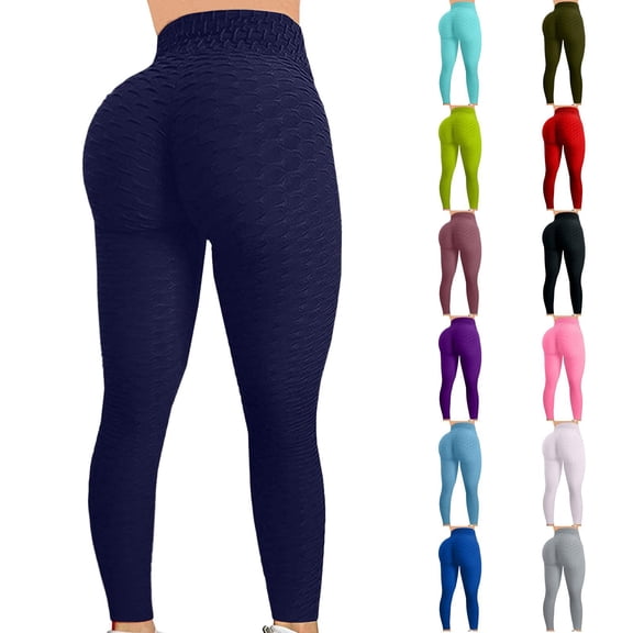 Women High Waisted Workout Yoga Pants Butt Lifting Scrunch Booty Leggings Tummy Control Anti Cellulite Textured Tights Blue S