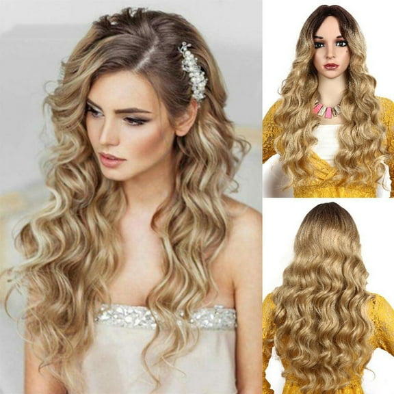 DOPI Women's Fashion Wig Gold Synthetic Hair Long Wigs Wave Curly Wig(2Pack)
