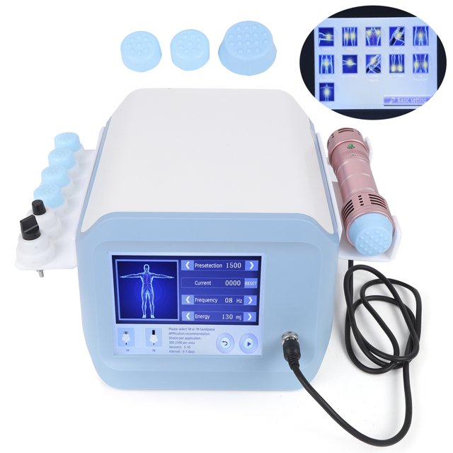 dispositivo de fisioterapia por ondas de choque, máquina de terapia por ondas de choque máquina de tratamiento por ondas de choque ed máquina de terapia por ondas de choque ed c vista frontal 3/4 de unidad portátil blanca con borde azul y pantalla táctil que muestra parámetros; mango rosado con cable conectado y seis cabezales de silicona azules a la izquierda; incluye soportes y cable de alimentación; indicado para alivio del dolor y tratamiento de tejidos blandos, también indicado para terapia ED según especificación.