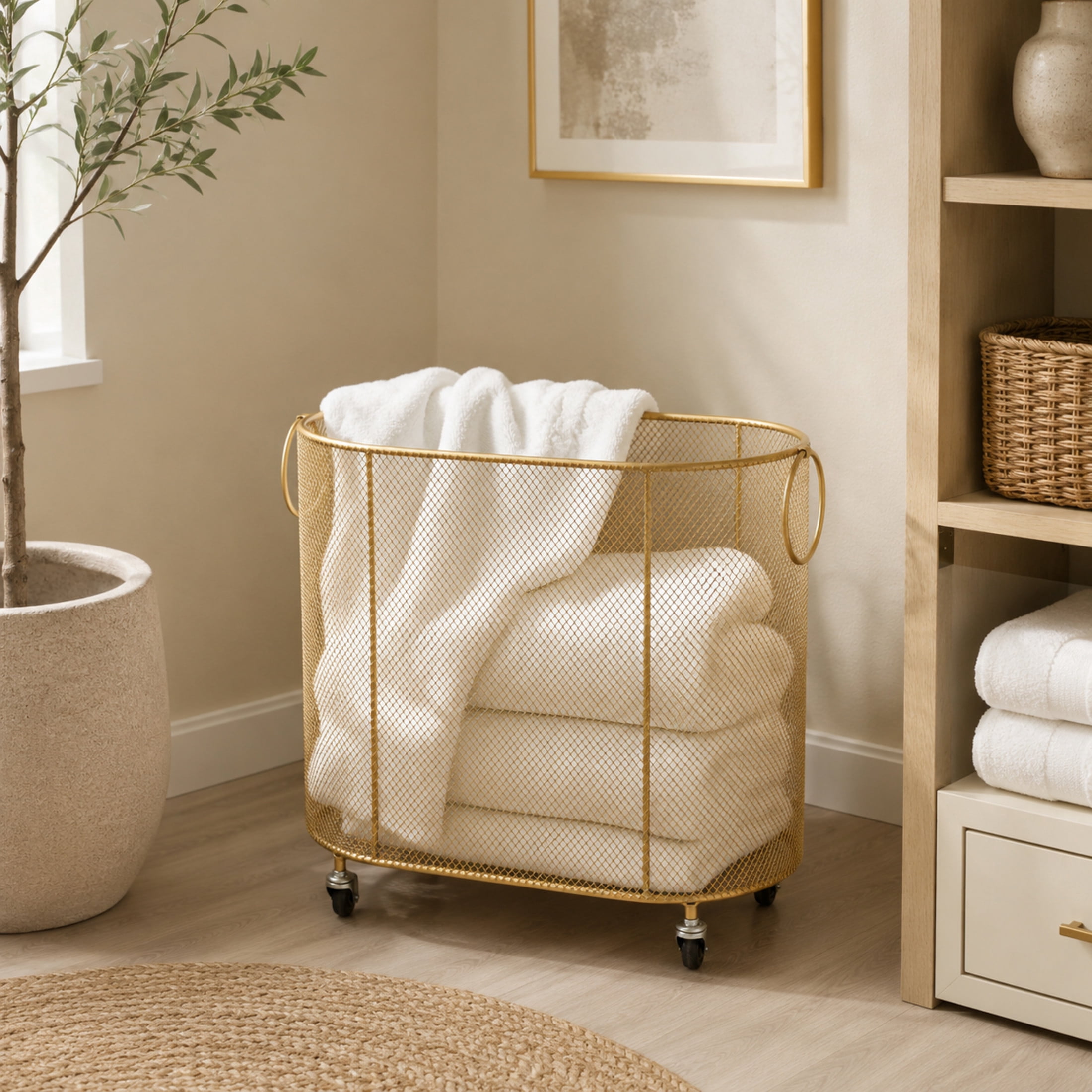 DecMode Gold Metal Oval Mesh Wire Rolling Laundry Storage Cart with Ring Handles