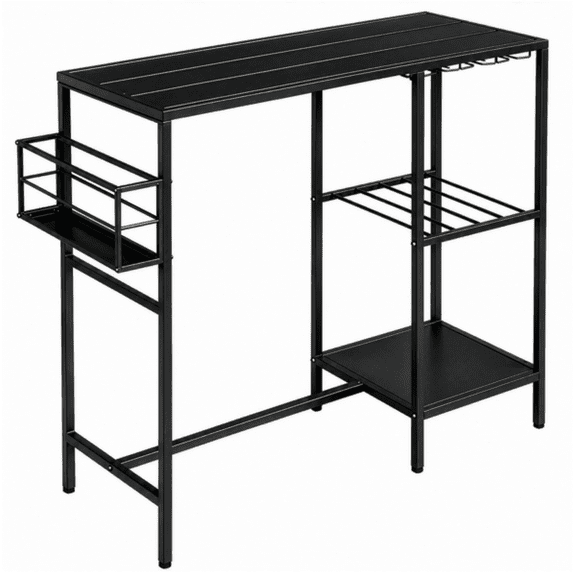 Outdoor Bar Table with Double-Tier Side Shelf, Storage Basket & Wine Glass Rack, Iron Patio Bar Table, 110 x 40 x 94 cm