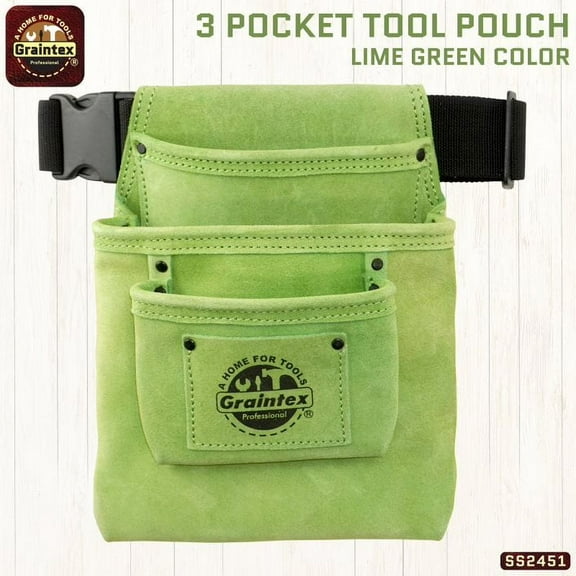 Graintex SS2451 :: 3 POCKET NAIL & TOOL POUCH LIME GREEN COLOR SUEDE LEATHER WITH BELT