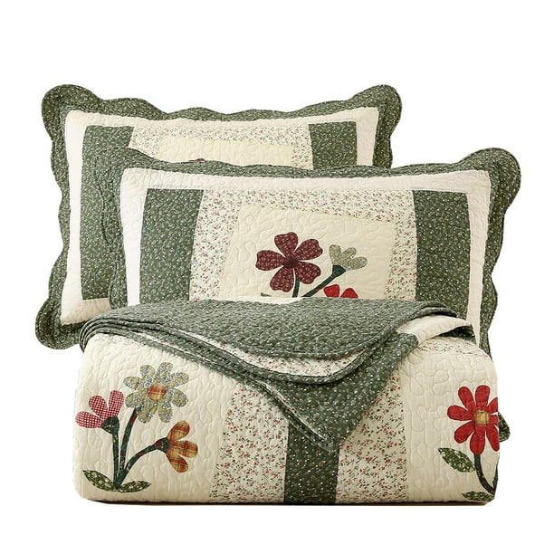 Juego de colchas de algodón Vctops Farmhouse Green, 3 piezas