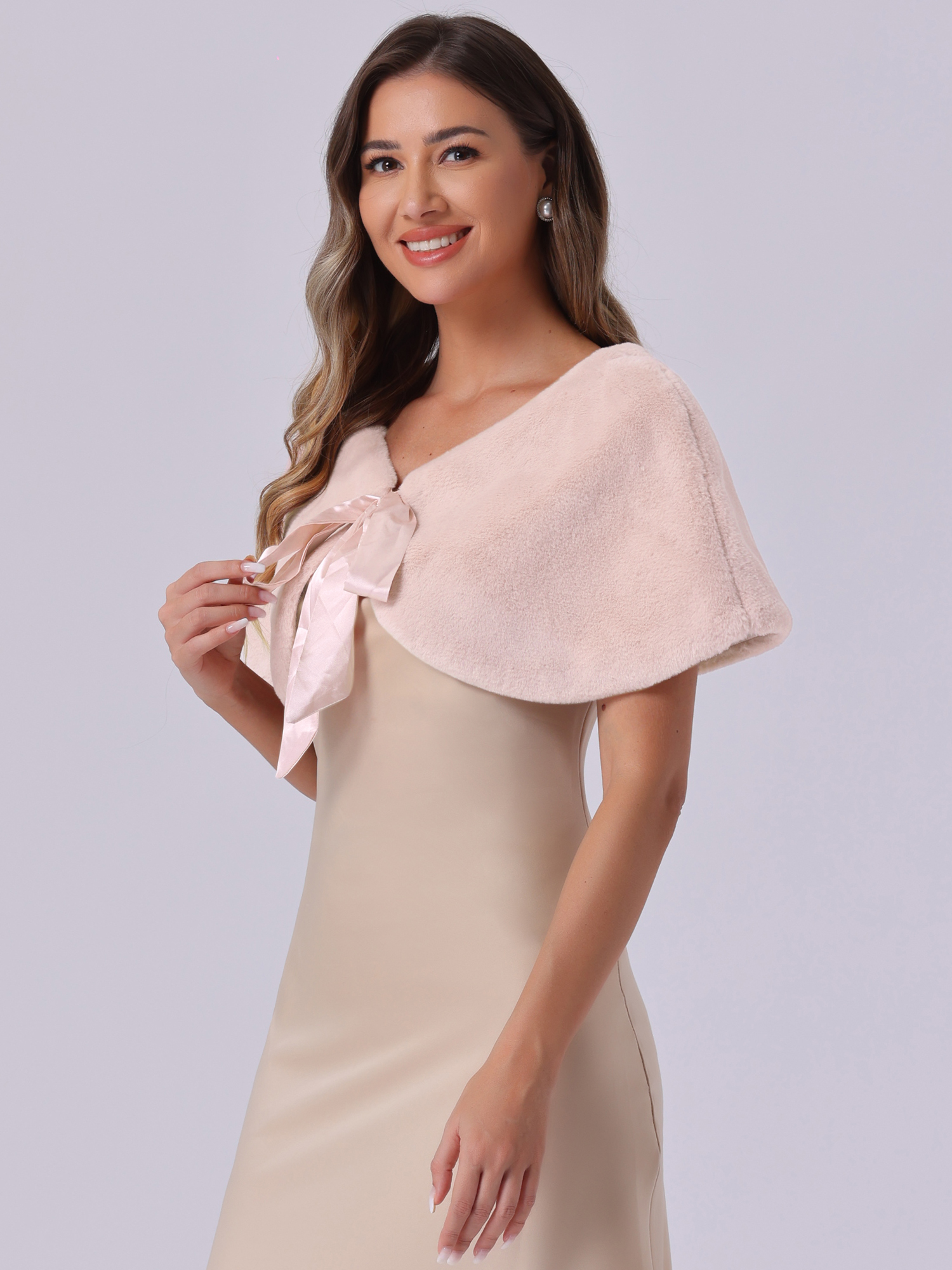 DARING DIVA Women's Faux Fur Shawl Bowknot Ribbon Bridal Wrap Stole Shrug L Pink