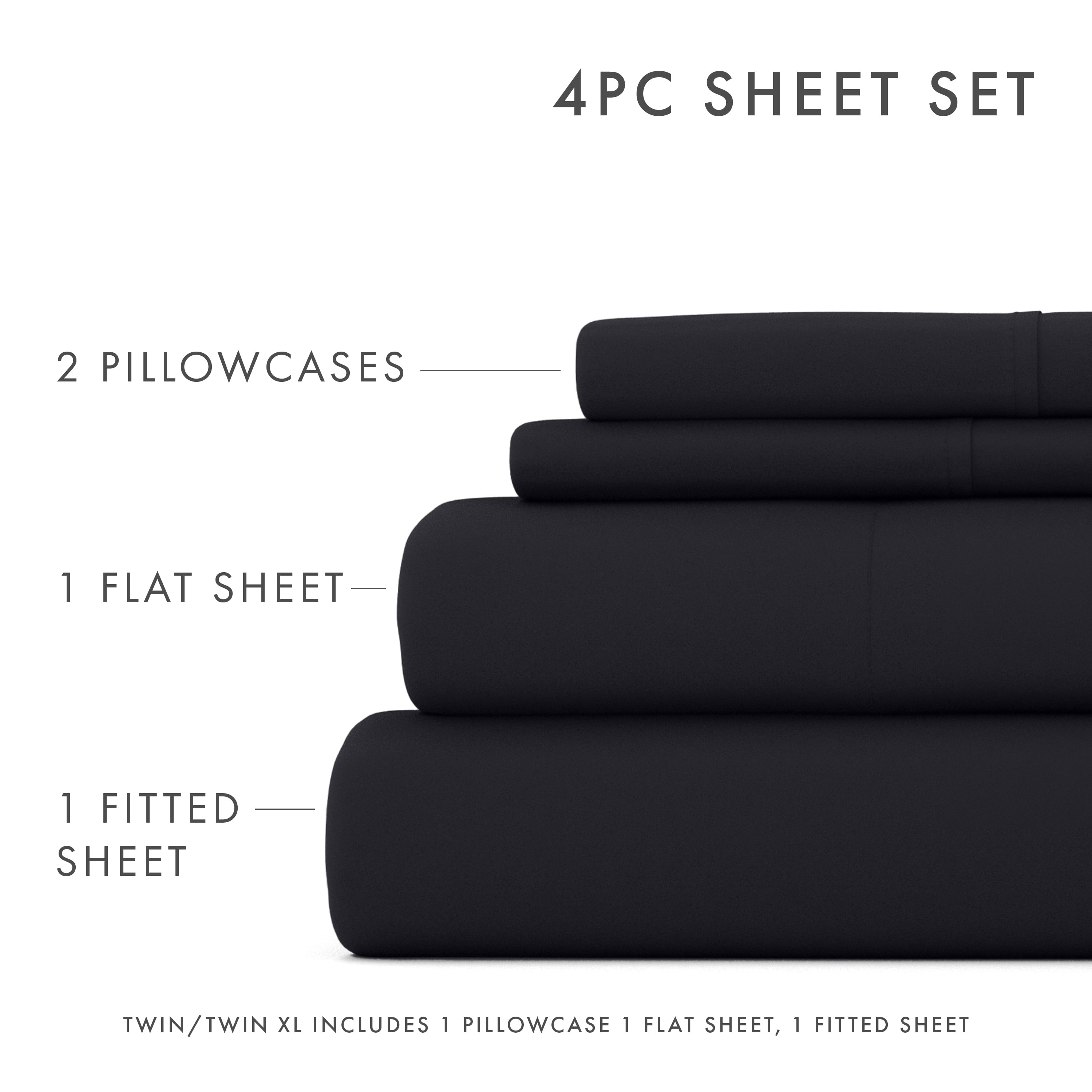 Noble Linens 4 Piece Solid Microfiber Bed Sheet Set, Black, Queen