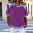 thumbnail image 2 of hotojiny Women's Tops Casual Collared Short Sleeve Denim Shirt Fashion Patchwork Knit Pullover Loose Tunic Blouses Spring Outfit S-3XL, 2 of 5