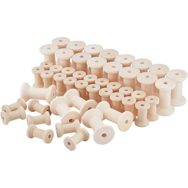 60 unidades de carretes de madera vacíos en 2 tamaños. Mini bobinas de madera natural para hilo, alambre y cuerda, ideales para manualidades, cuerdas y cadenas.