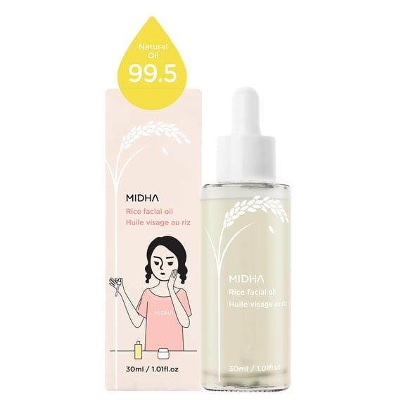 MIDHA Aceite Facial de Arroz 30ml para una hidratación profunda, intensa e inmediata de la piel y de rápida absorción con un aceite ligero no graso como el aceite de salvado de arroz