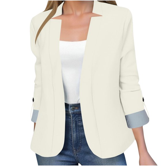 Homenesgenics Blazers for Women Plus Size Button-Sleeve Solid-Color Business Casual Work Long-Sleeve Cardigan Blazer Top White M