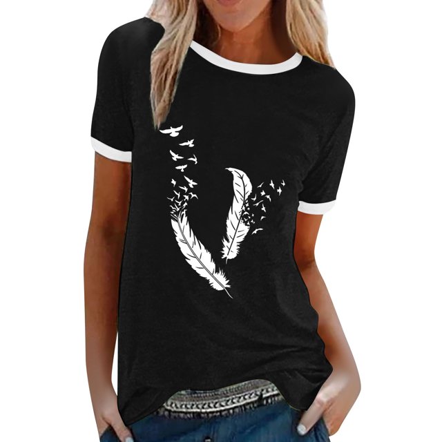 CEHVOM Femmes Mode Décontractée Imprimé Col Rond Ample Manches Courtes T-shirt Haut Blouse Chandail Liquidation