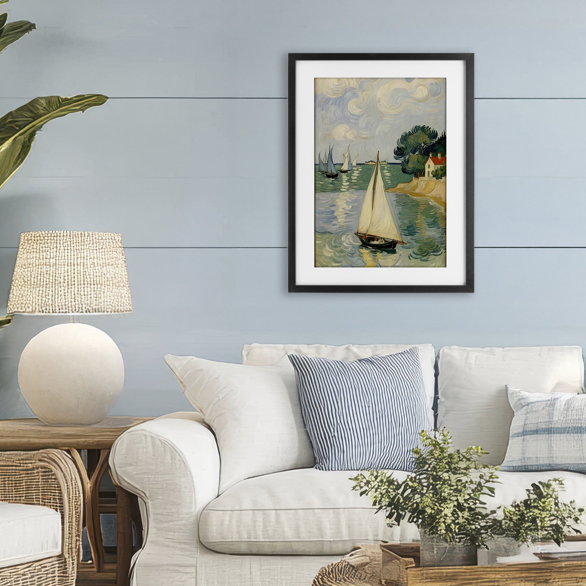 Stupell Industries Coastal Sailboats Under Swirling Clouds Black Framed Print Under Glass, design by Angie Hawke