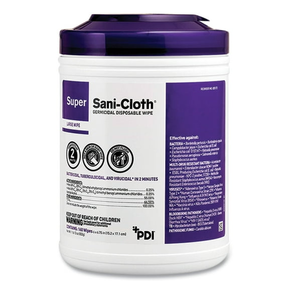 Super Sani-Cloth Germicidal Disposable Wipes, Extra-Large, 1-Ply, 7.5" x 15", Unscented, White, 75/Pack | Bundle of 10 Packs