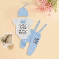 thumbnail image 2 of Kaprioy Baby Boy Outfit My First Fathers Day Baby Boy Outfit Short Sleeve Bowtie Romper I Love Dad Mom Suspender Pants Hat 3PCS Clothes Set, 2 of 6