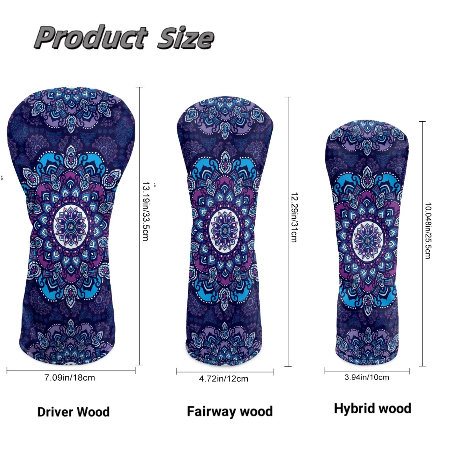 Uorisanigo Golf Club Head Covers for Drivers Fairway Woods Hybrids - Premium PU Leather Purple Boho Mandala Floral Golf Club Headcovers - 3 Piece Set for Men and Women