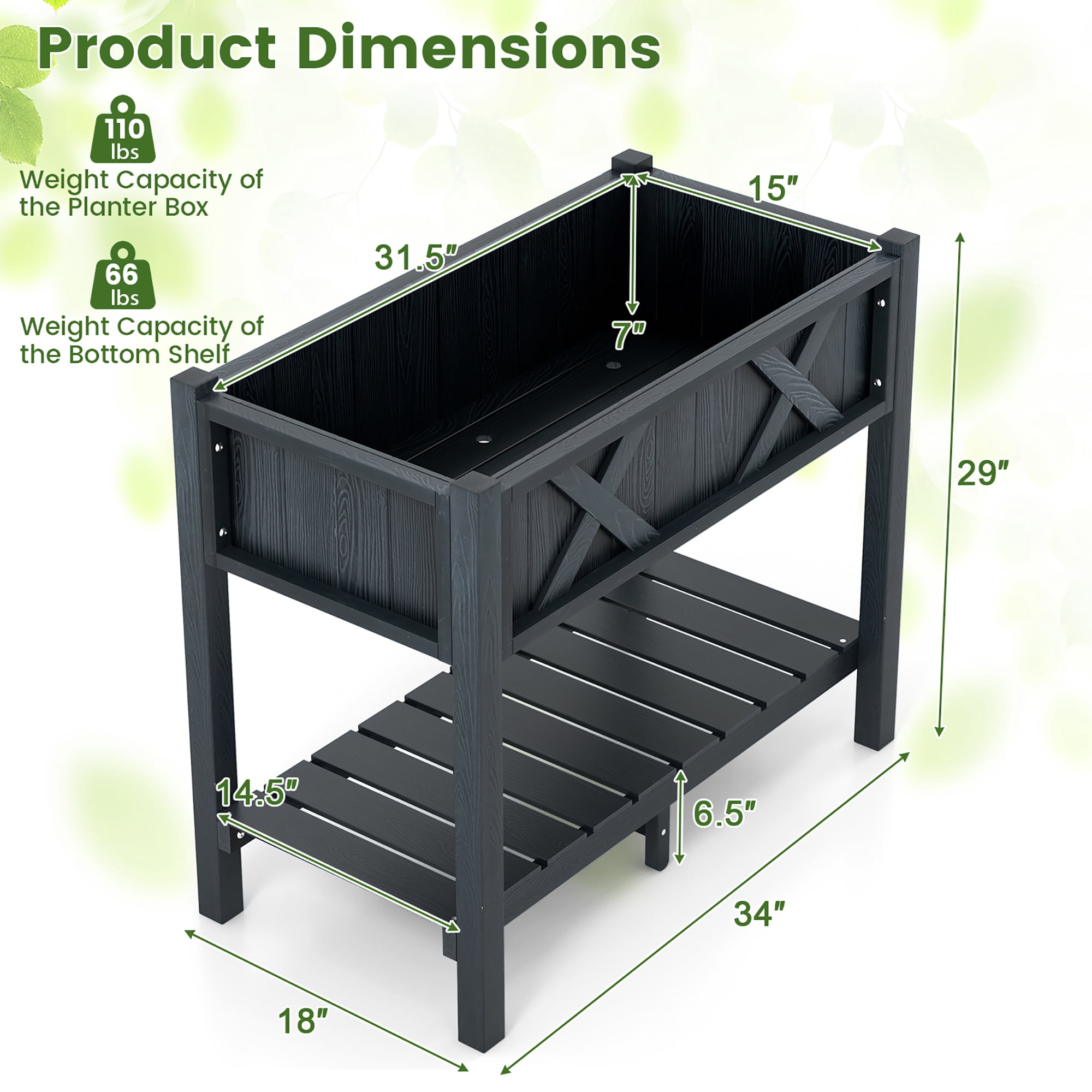 Gymax HIPS Raised Garden Bed Poly Wood Elevated Planter Box w/ Legs & Storage Shelf Black