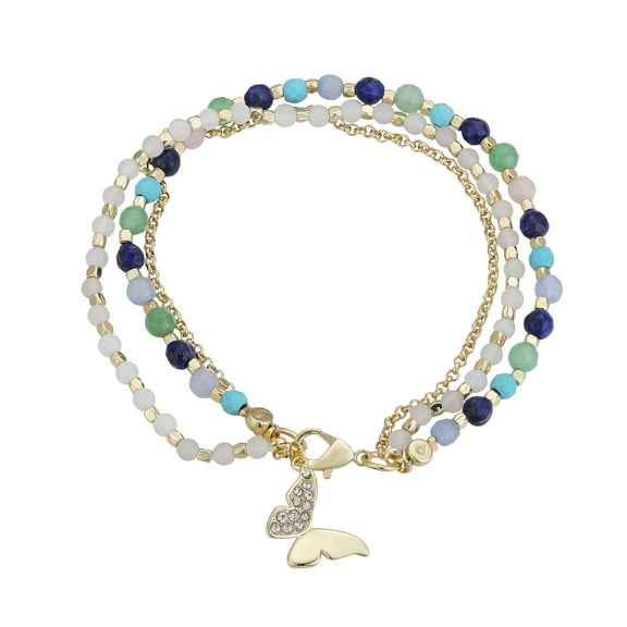 Believe by Brilliance Women's Genuine Stone and Crystal Butterfly Layered Bracelet in 14Kt Gold Flash Plated Brass, 7.5"