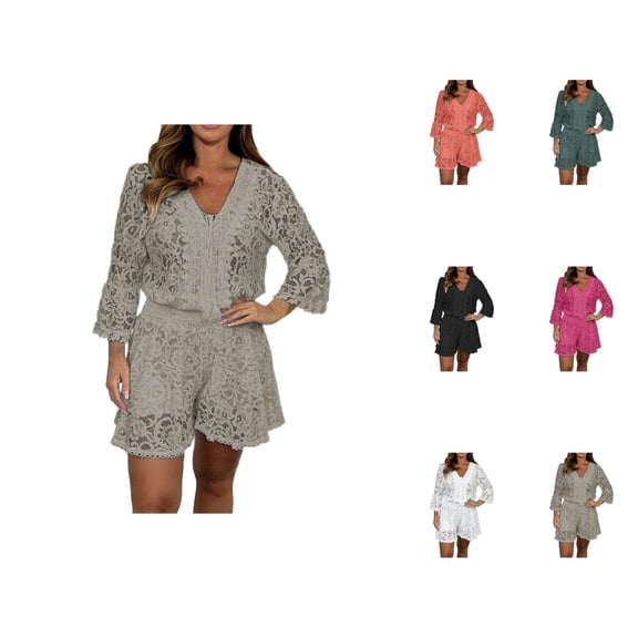 Short Sets for Women Sheer Lace 3/4 Sleeve V Neck T Shirt and Shorts 2 Piece Matching Set Beach Vacation Sets
