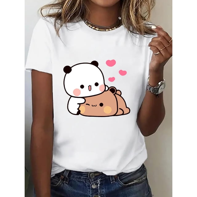 Couple Bear Hug and Heart Print T-Shirt for Women - Casual Sports Style, Medium Stretch Knit Fabric, Cotton, Round Neck, all-Season Comfort Tee For adult, Men, Women, Teen, Teenager, adolescent, Youth
