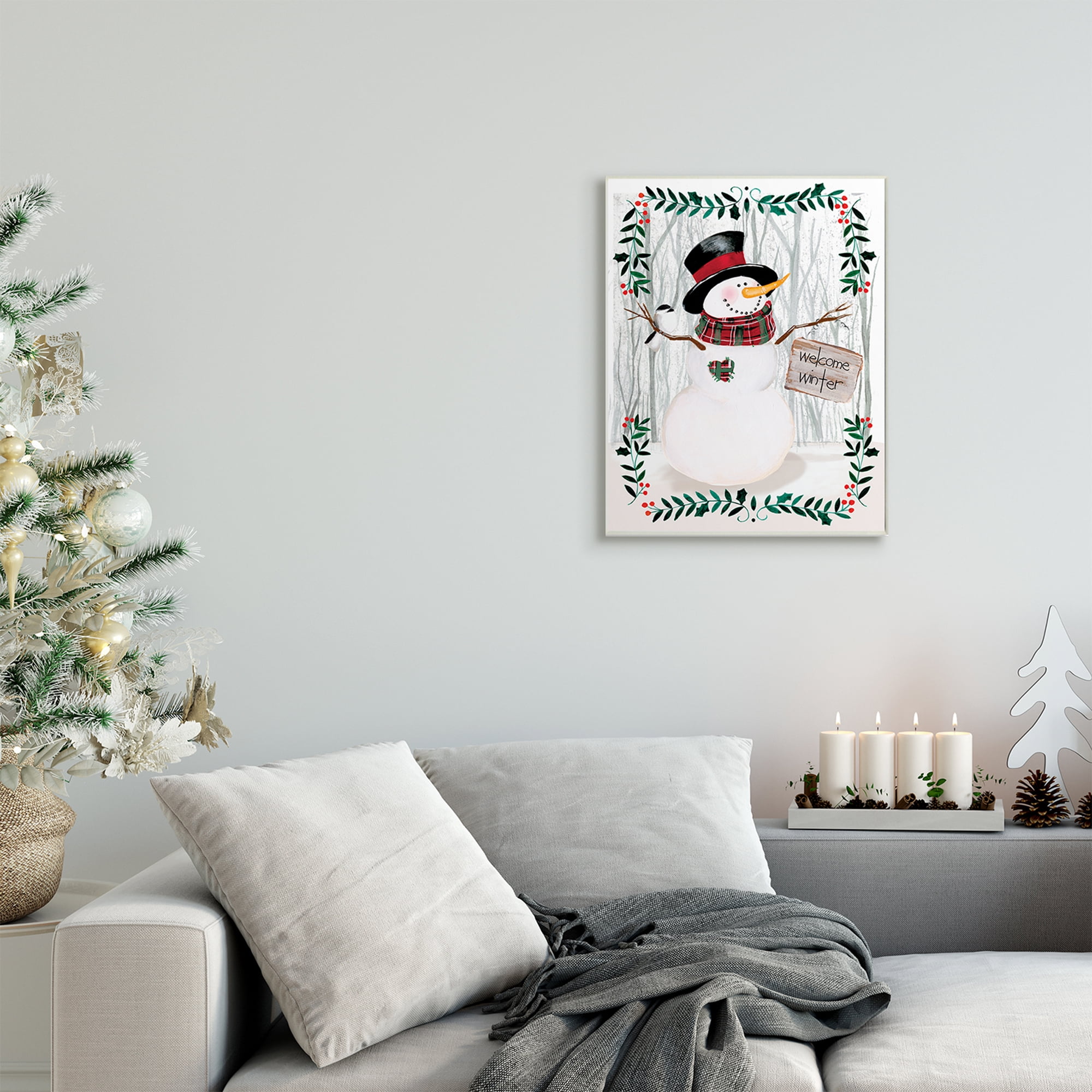 Stupell Industries Winter Welcome Greeting Snowman Forest Holly Florals Holiday Painting Unframed Art Print Wall Art, 13 x 19