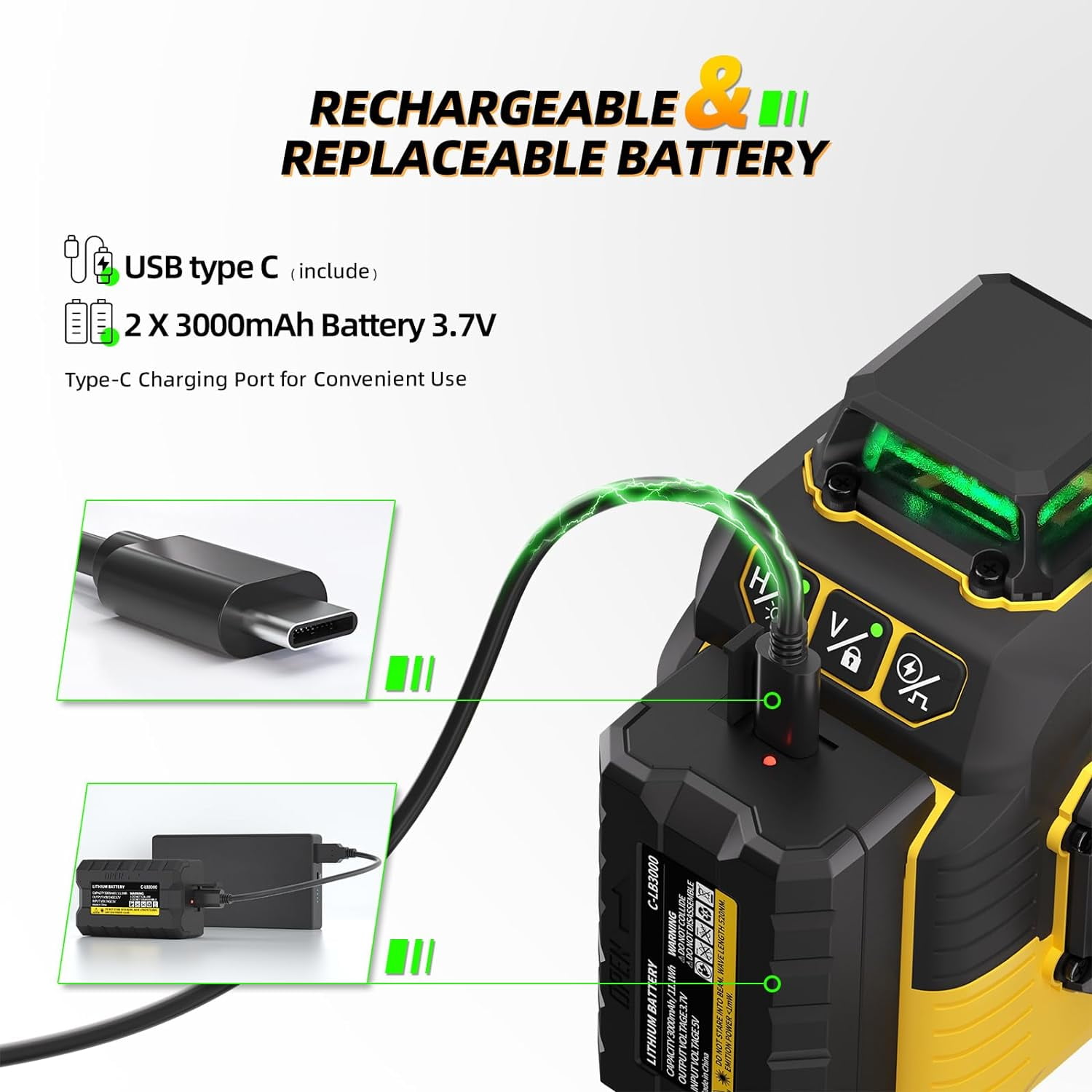 3x360° Green Laser Level, Self-Leveling 12-Line Laser Tool, Includes 2x 3000mAh Rechargeable Batteries & Type-C Charging, Carry Pouch