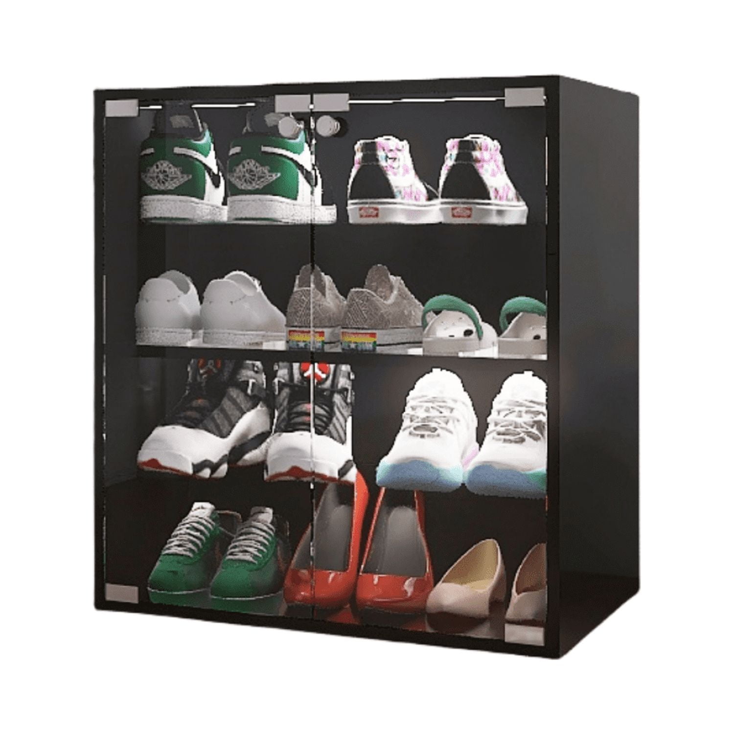 Shoe Display Cases with RGB LED Lights, 3-Tier Shoe Storage Cabinet with  Sliding Glass Door, Wooden Stackable Shoes Rack Shoe Storage Organizer for