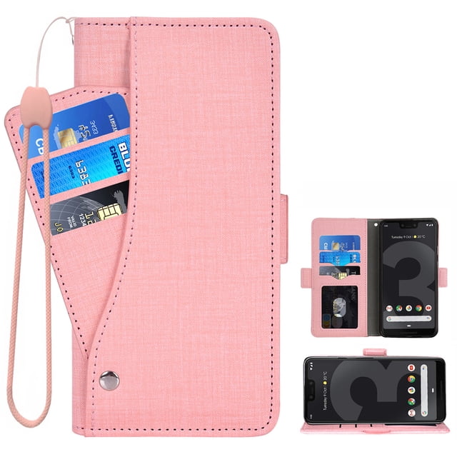 Compatible avec Google Pixel 3 TG Étui Portefeuille en Cuir à Rabat Porte-Cartes Support Accessoires pour Cellulaire Porte-Monnaie Fente pour Pièce d'Identité de Crédit Étuis de Téléphone pour Pixel1 Femmes Hommes Rose