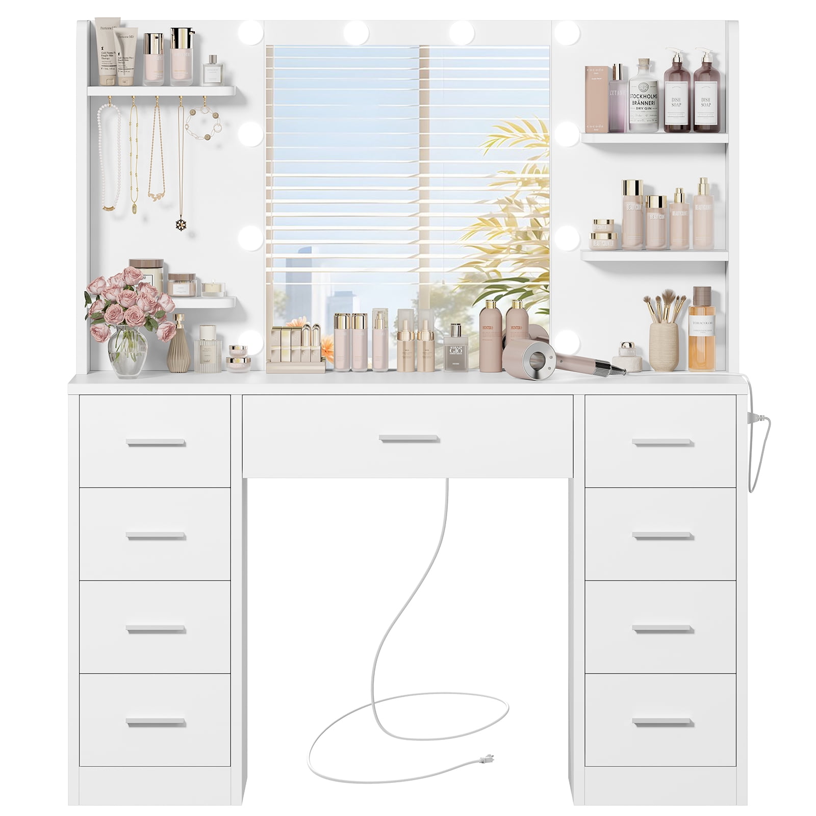 TEENFON Large Vanity Set with Mirror & Power Outlet, Makeup Vanity Desk with 9 Drawers,4 Shelves and 5 Hooks,Vanity Table for Bedroom, White