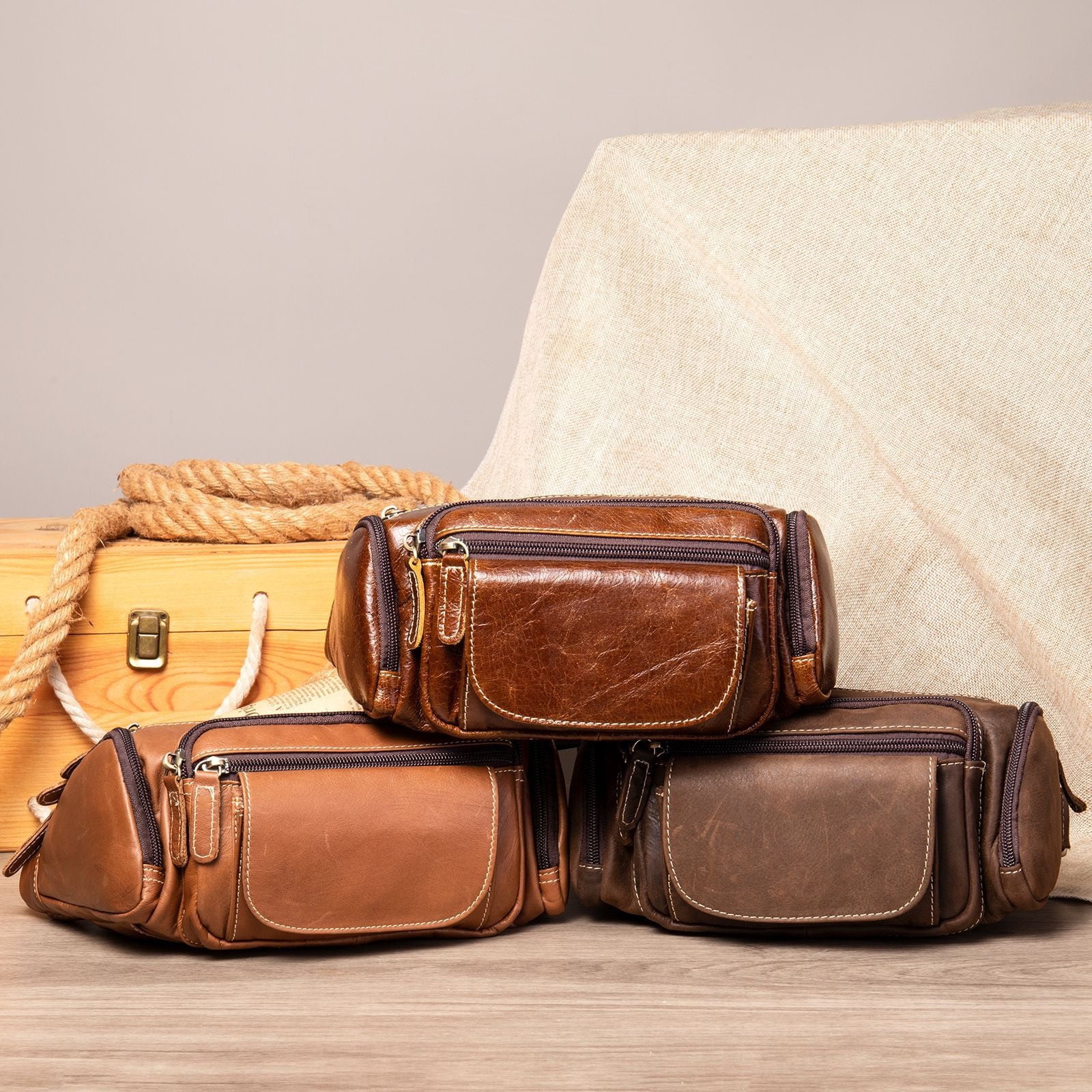 Men’s Genuine Leather Fanny Pack Multi-Pocket Waist Bag with Adjustable Strap and Metal Zipper – Oil Coffee, Dark Coffee, Brown