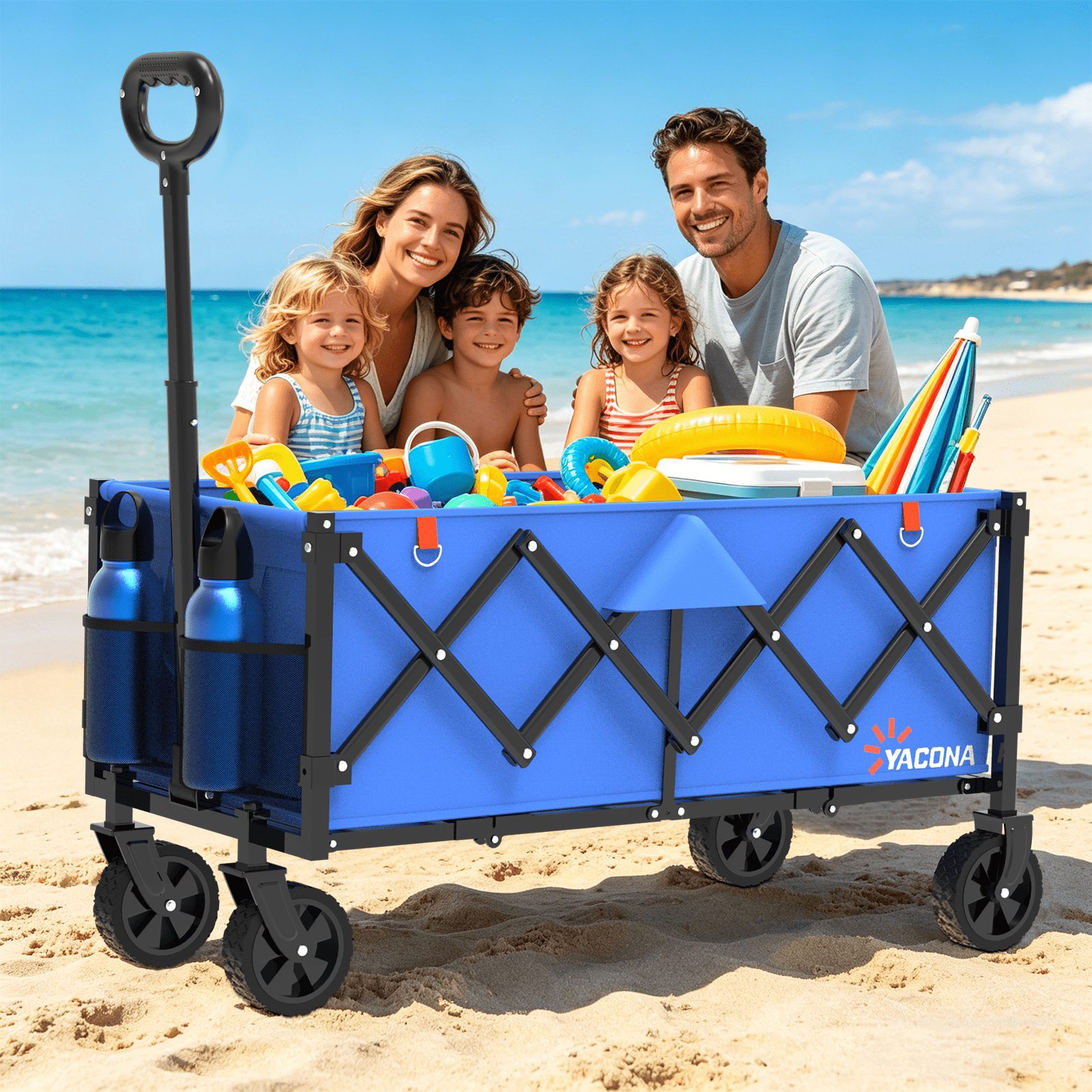Yacona 35" L Extra Long Wagons Carts Foldable, 180L Capacity Beach Wagon, Heavy Duty Rolling Cart with Wheels, Blue