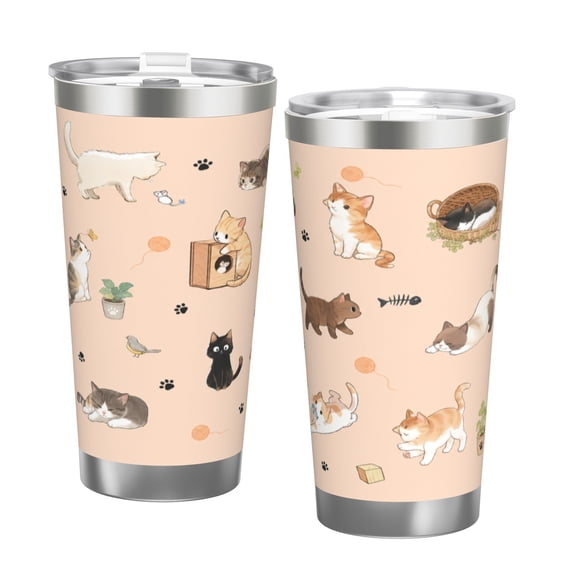 20oz Cute Cartoon Cat Car Tumbler Insulated Travel Cup with Handle and Straw Lid Cat Lover Gift with Double Silver Rim