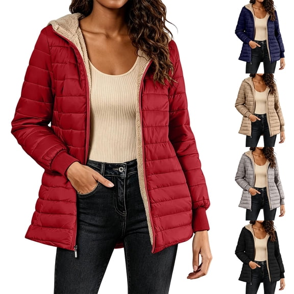 Women's Puffer Jackets Long Sleeve Hooded Fleece Lined Zip Up Quilted Coat Lightweight Fall Winter Warm Casual Outerwear with Pockets Wine