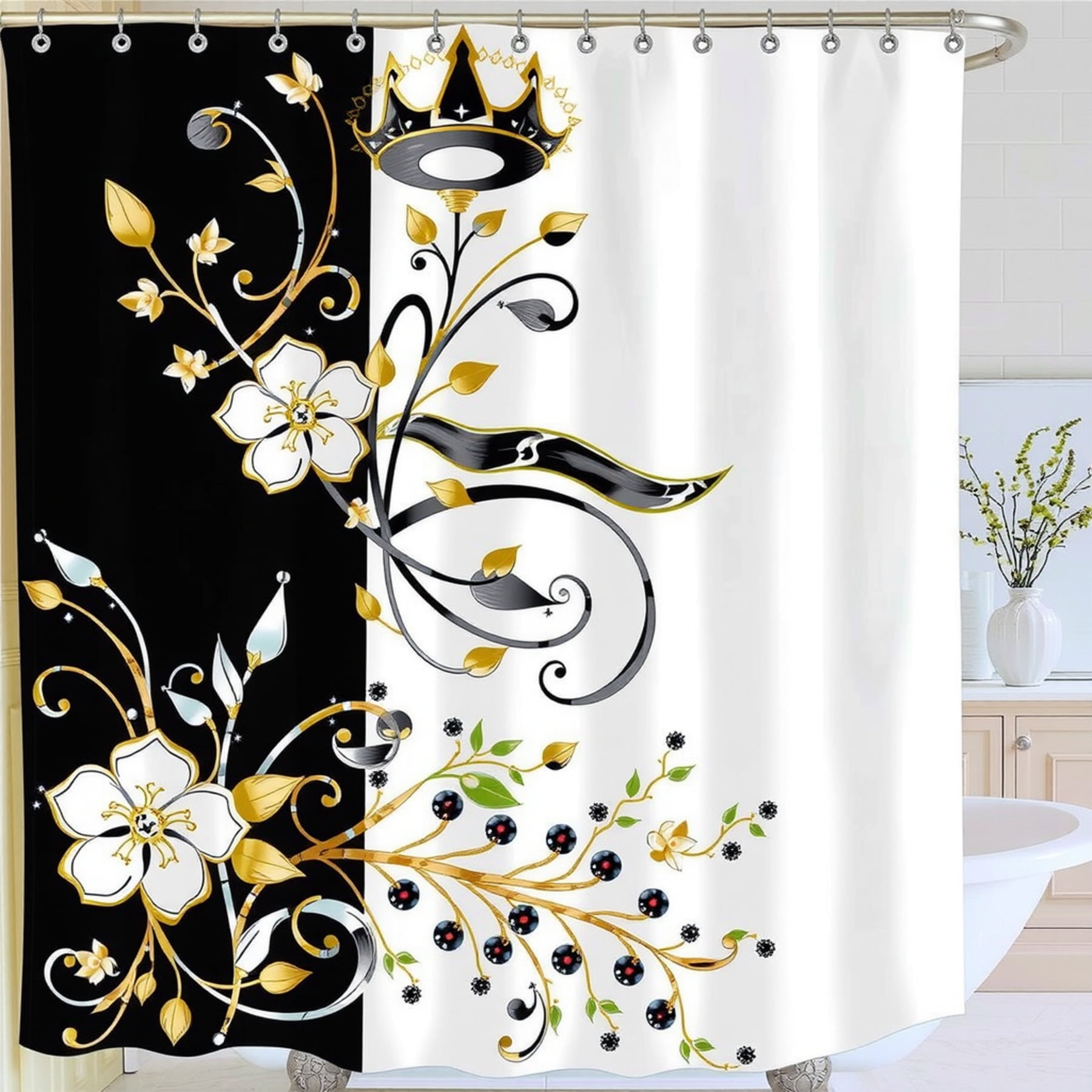 LIGHTINHOME Boho Shower Curtain, 72x72 Inches, Black & White Abstract Palm Leaf - Waterproof Polyester Fabric With Hooks - View #7