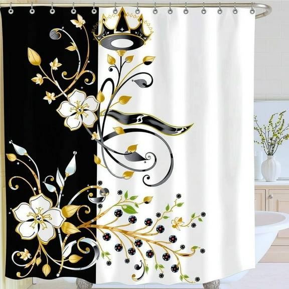 Elegant Black and White Shower Curtain with Gold Floral Design and Crown