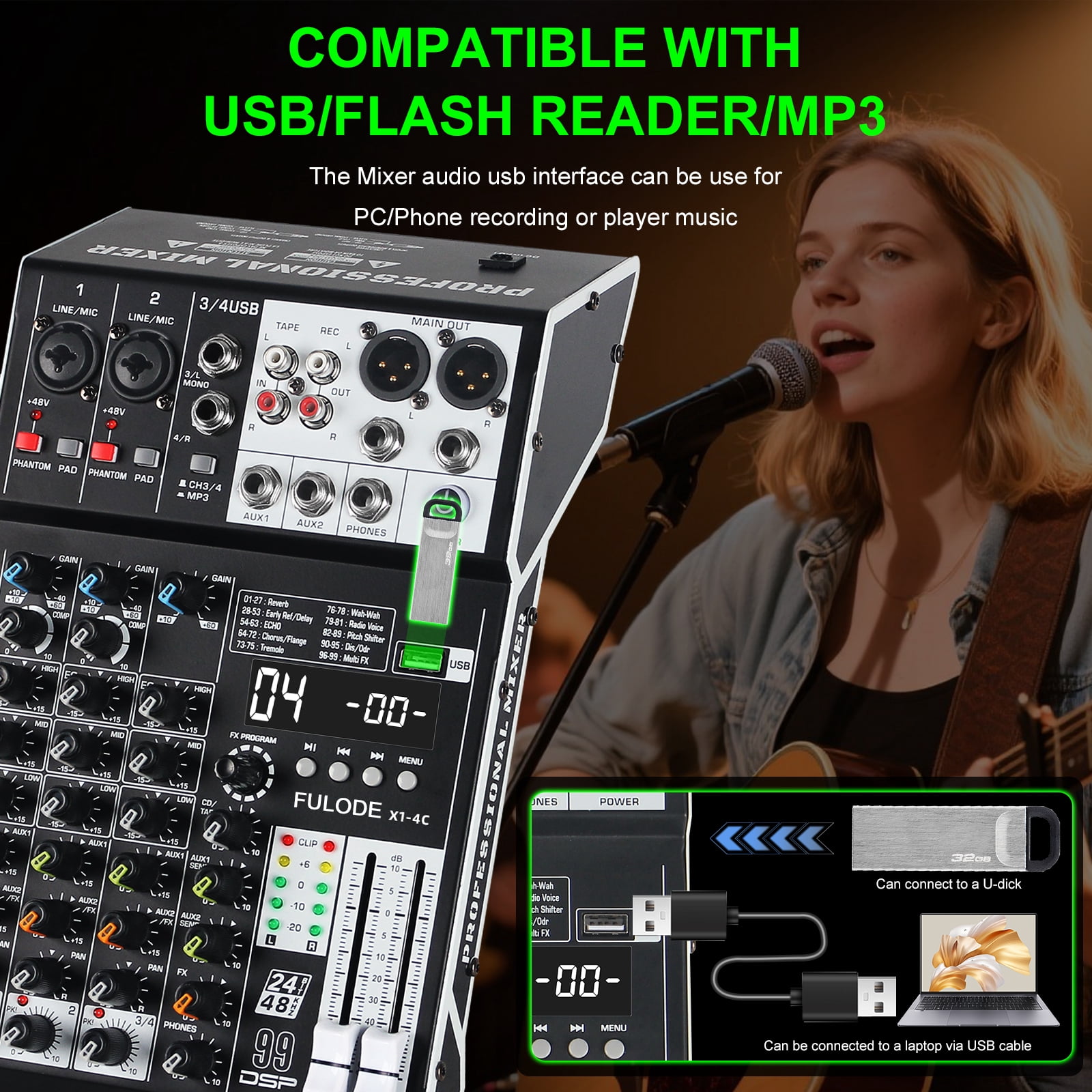 Audio Mixer 4 Channel Professional Sound Mixer Console with 99 DSP Effects, Small Mixing Board DJ Mixer w/USB, Bluetooth, 48V Power Supply, PAD Button for Recording Karaoke PA Drum Live Music