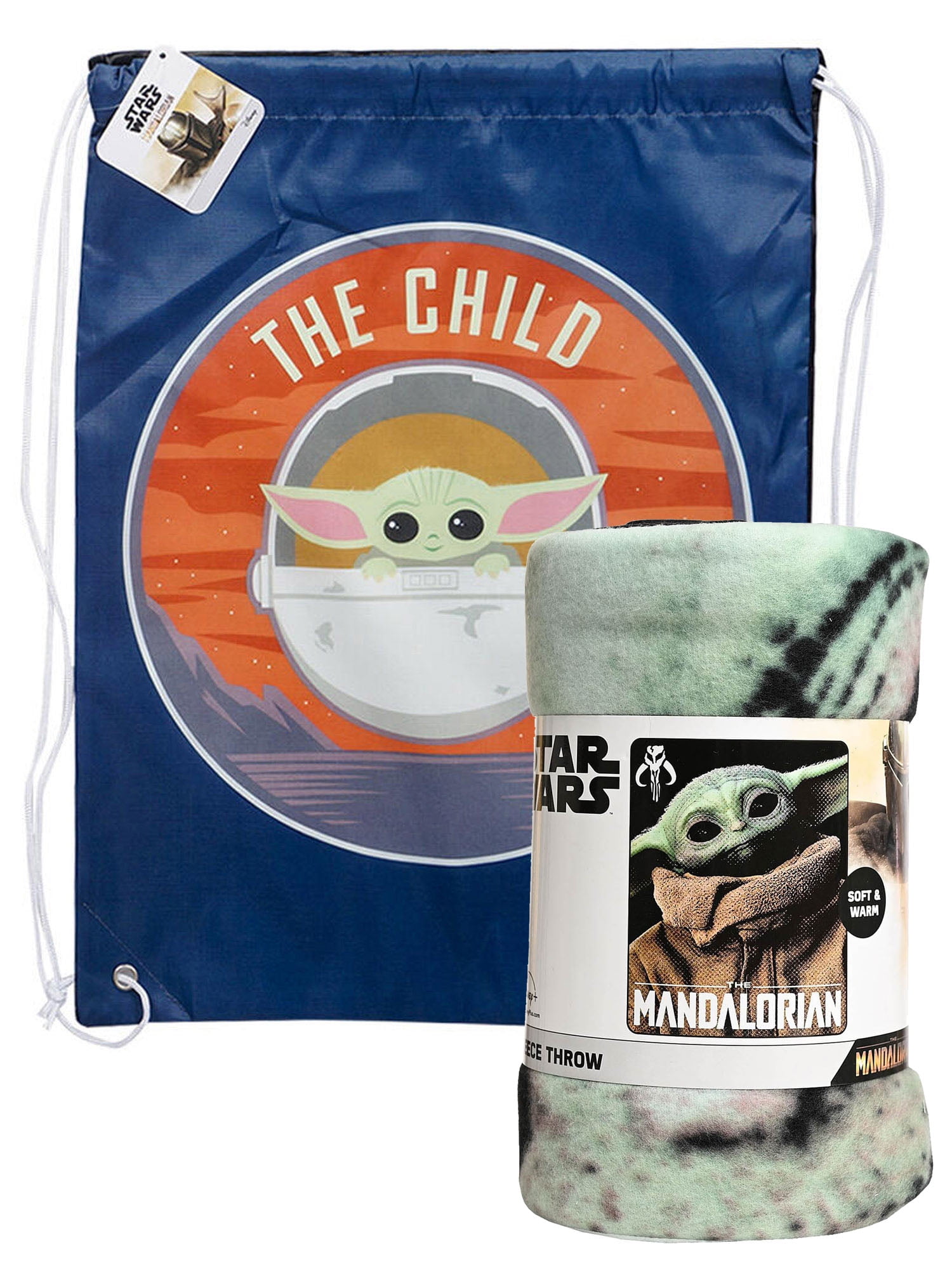 Star Wars The Mandalorian Throw Blanket 45'x60' Baby Yoda Drawstring Bag Set, Green