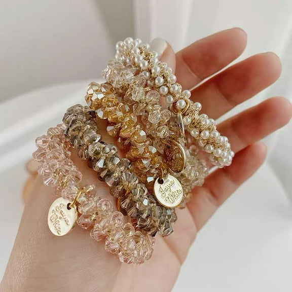 Dalrosia 5PCS Crystal Hair Ties, Pearl Hair Tie, Pearl Hair Accessories, Scrunchies for Women Thick Hair, Pearl Ponytail Holder, Pony Tail Holders for Women