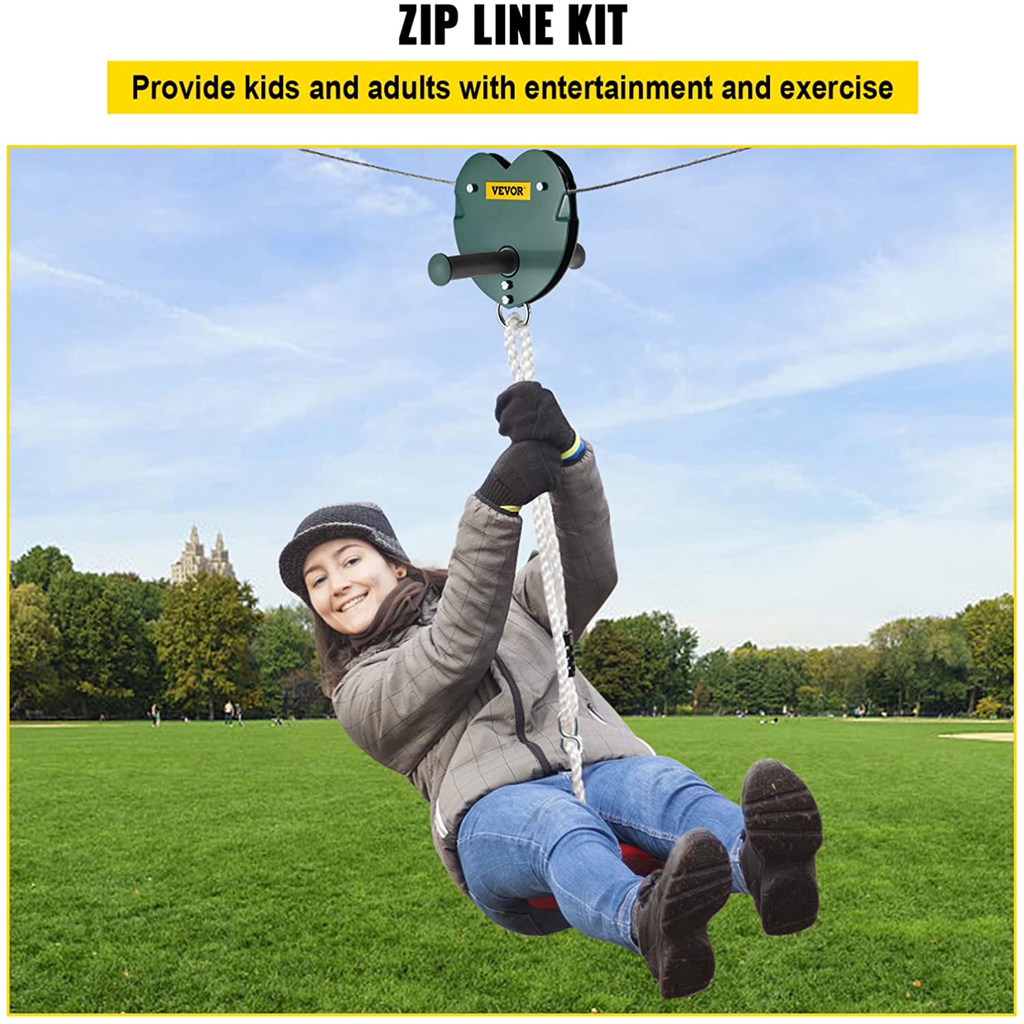 VEVOR 100ft Zip Line Kit Kids Adult Zip Line Trolley Slackers Zip Lines  with Seat and Handle Heart Shaped Trolley for Backyard Entertainment, Red 