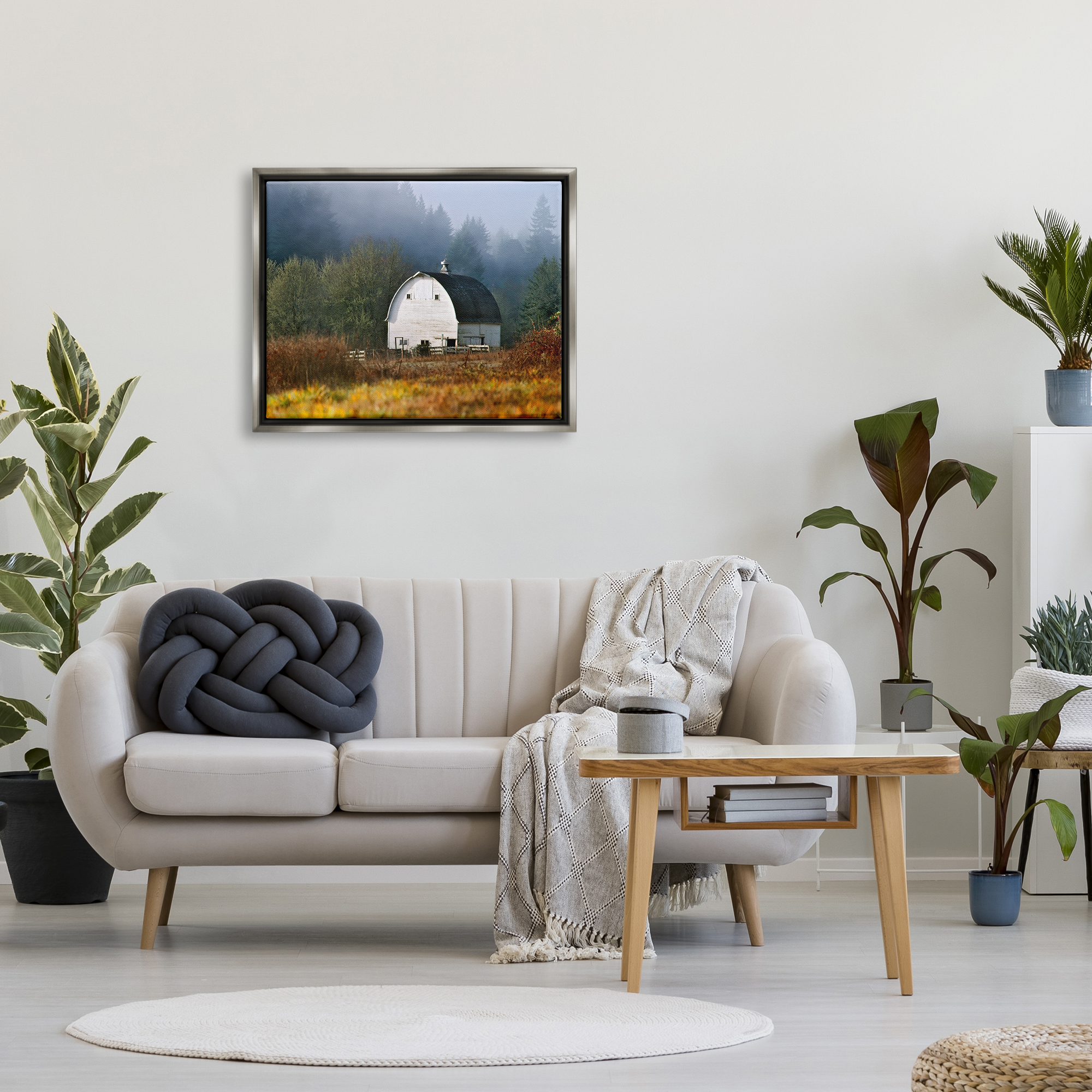 Stupell Industries White Barn Woodland Clearing Landscape Photography Gray Floater Framed Art Print Wall Art