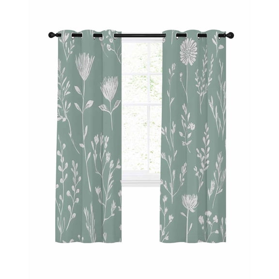 Green Sage Leaves Blackout Curtains for Bedroom Living Room, Boho Floral Leaf 84 In Long Thermal Insulated Room Darkening Drapes Grommet Window Treatments, 52 x 84 In